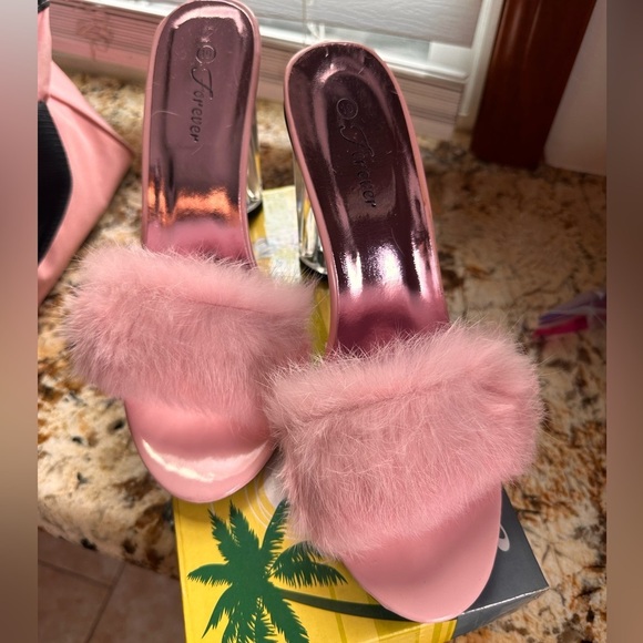 Forever Pink Rabbit Fur and Lucite Heeled "Boudoir" Slides - Picture 4 of 8